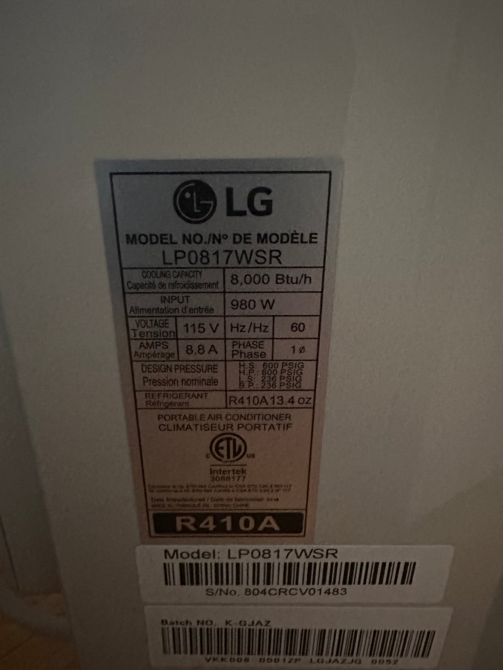 LG Window A/C Unit