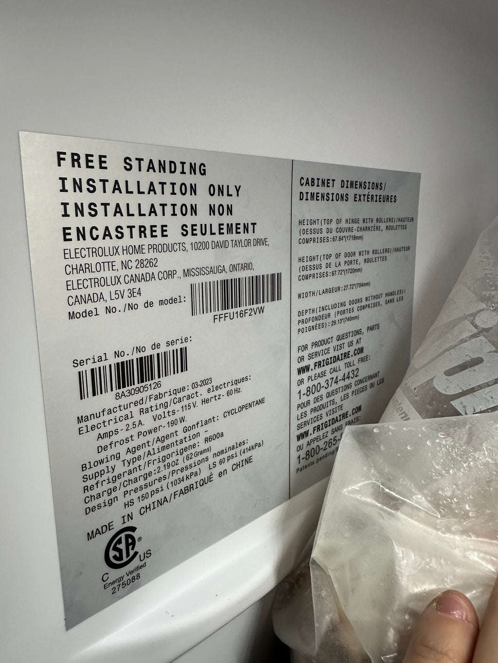 Fridgidaire Upright Freezer 15.5cu