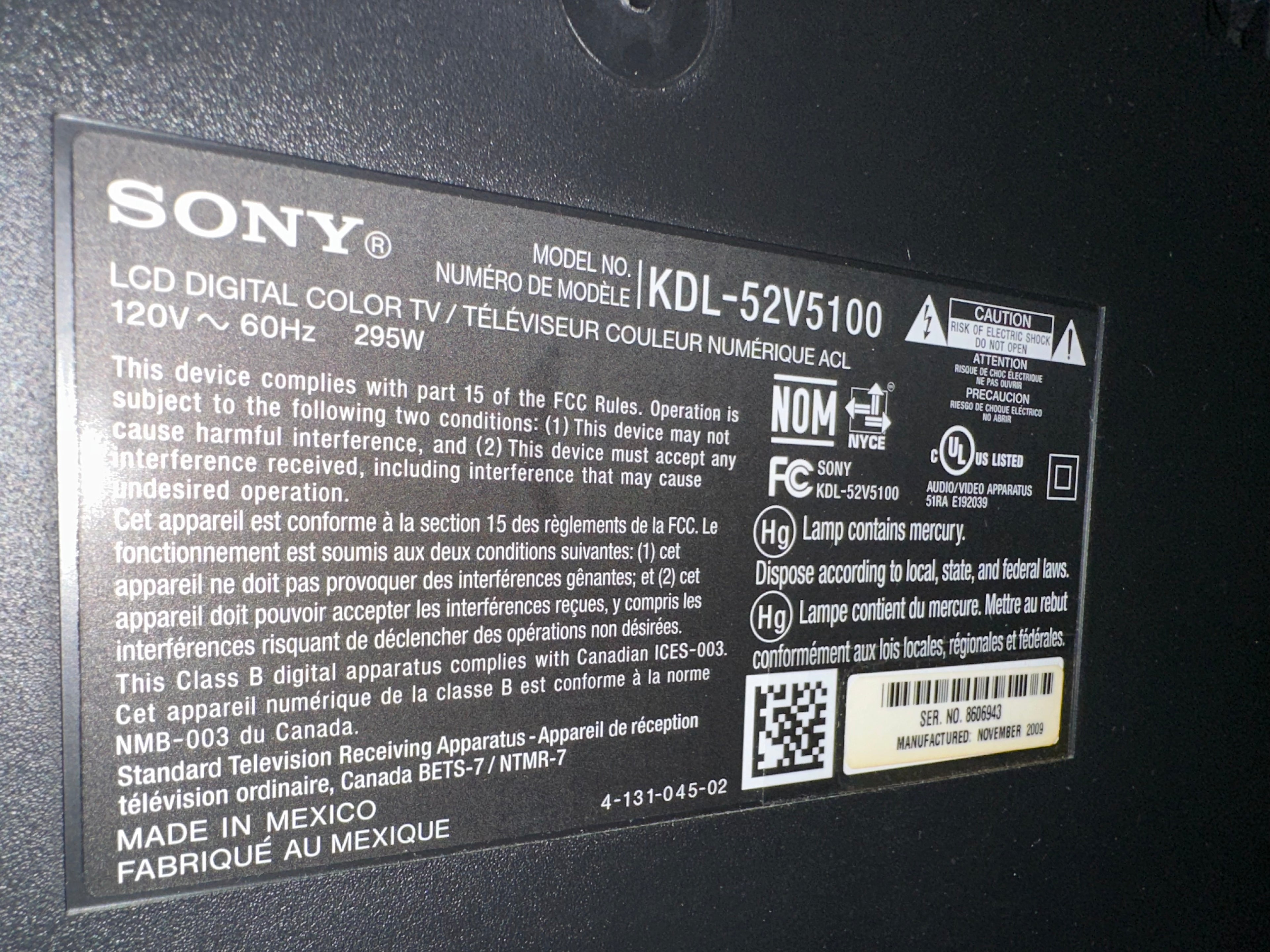 52” Sony LCD TV